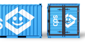 Contenedor azul de CPS con logotipo sonriente, símbolo de envíos seguros y confiables en República Dominicana
