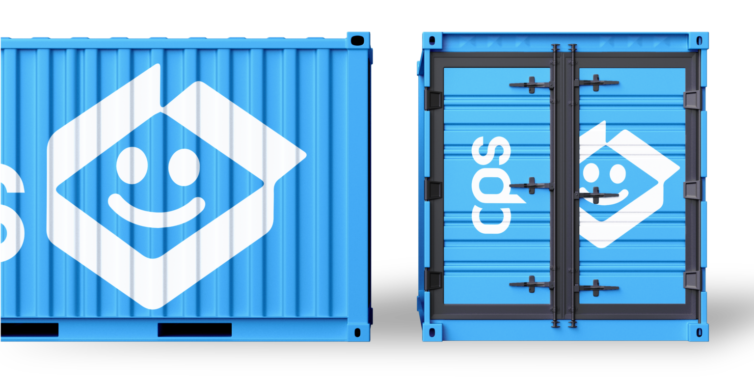 Contenedor azul de CPS con logotipo sonriente, símbolo de envíos seguros y confiables en República Dominicana