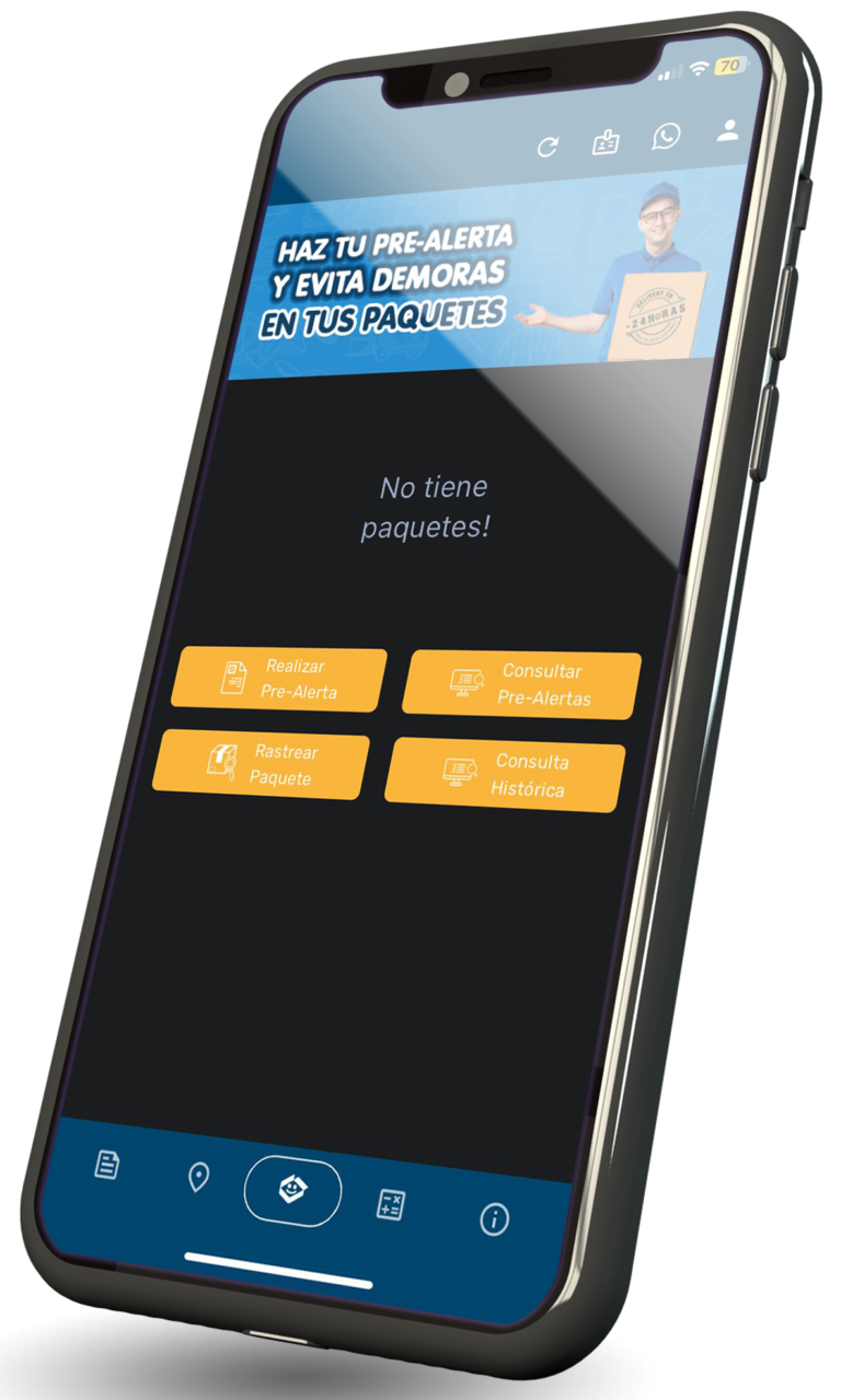 Captura de pantalla de la app móvil de CPS República Dominicana mostrando opciones para realizar pre-alerta y rastrear paquetes.