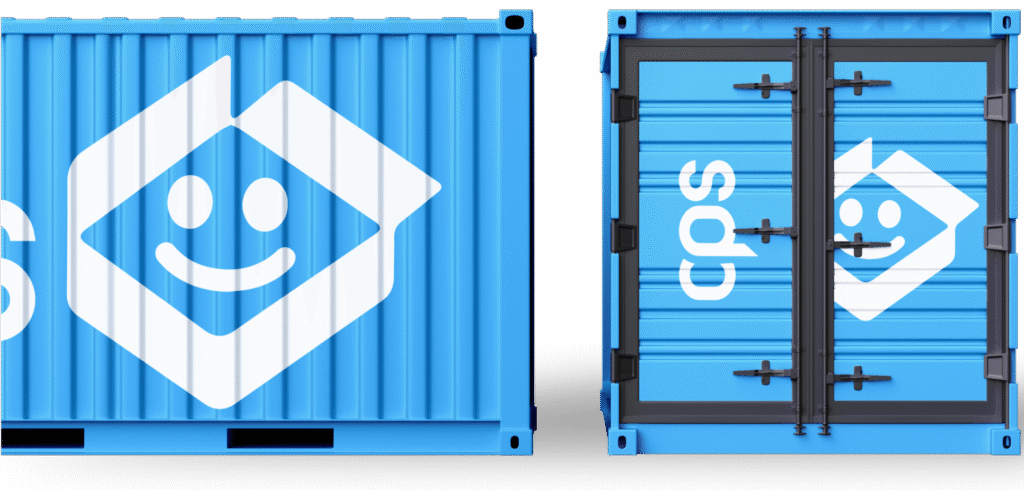 Contenedor azul de CPS con logotipo sonriente, símbolo de envíos seguros y confiables en República Dominicana
