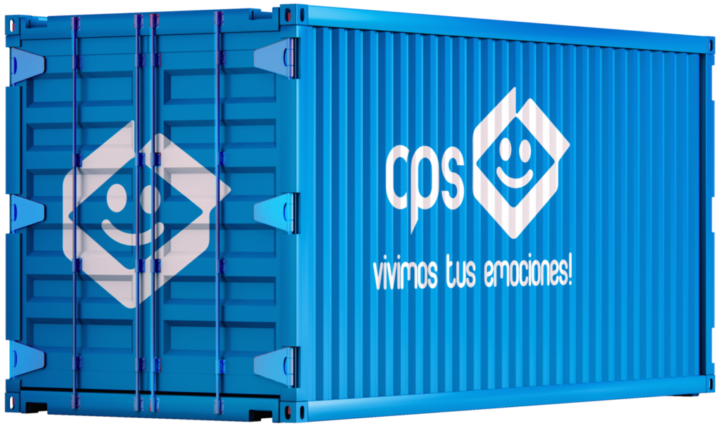 Contenedor azul de CPS con logotipo sonriente, símbolo de envíos seguros y confiables en República Dominicana